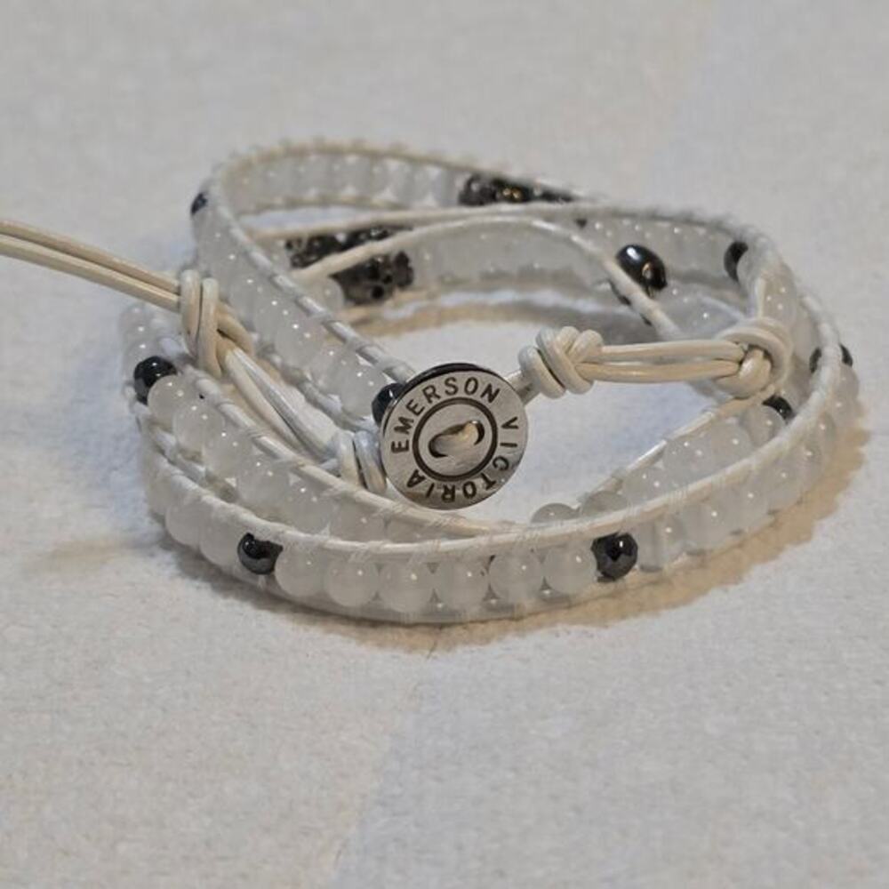 Victoria Emerson White Leather White‎ Faceted Stone and Hematite Wrap Bracelet